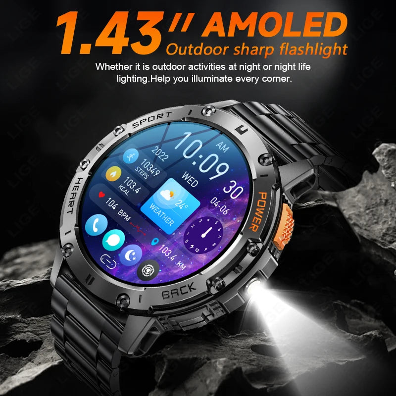 For Android ios New AMOLED Smart Watch Men with Flashlight Sports Waterproof Fitness Tracker Bluetooth Call Smartwatch Man+Box
