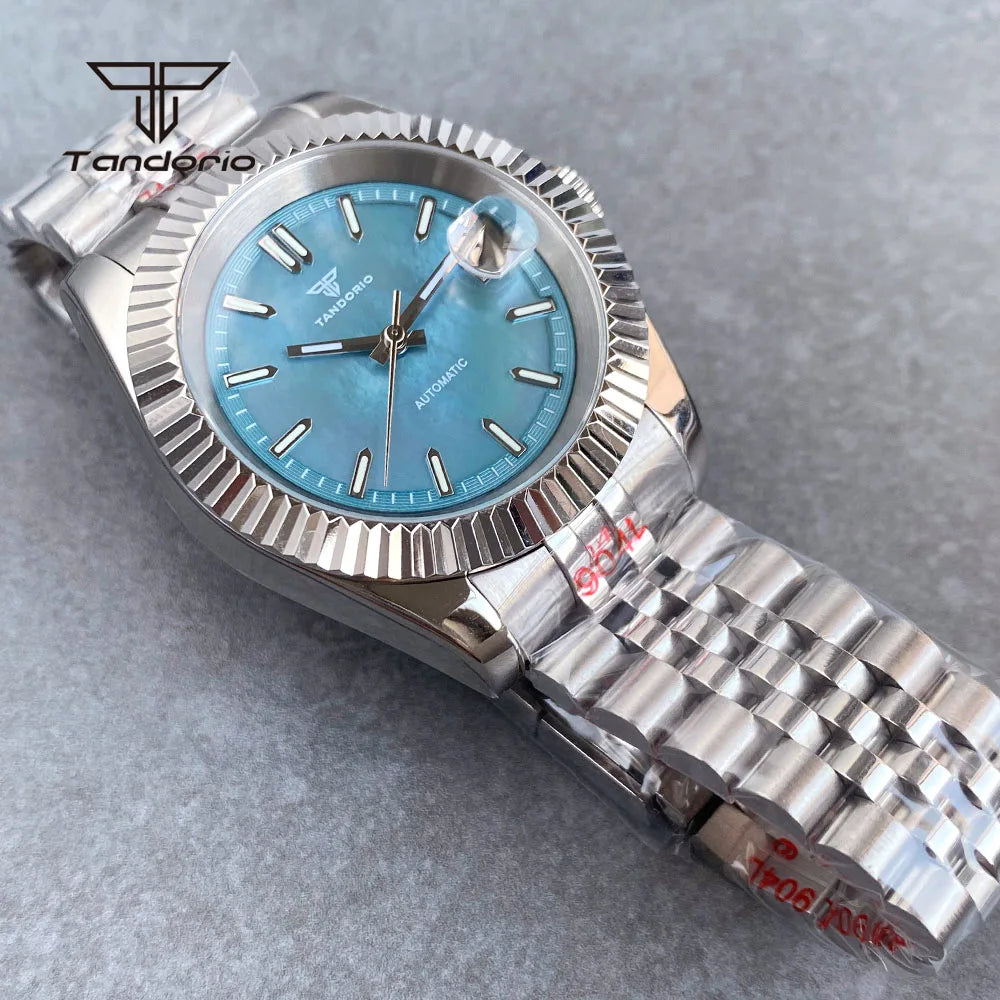 Tandorio 39mm Mechanical NH35 Mother of Pearl Dial Face Stainless Steel Automatic Watch Date Sapphire Men's Wristwatch Luminous