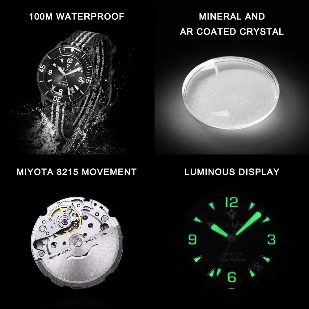 CADISEN Deep Explorer 2025 New Automatic Mechanical Watch Man Canvas Strap Wristwatch MIYOTA  Luxury Luminous Waterproof Watches