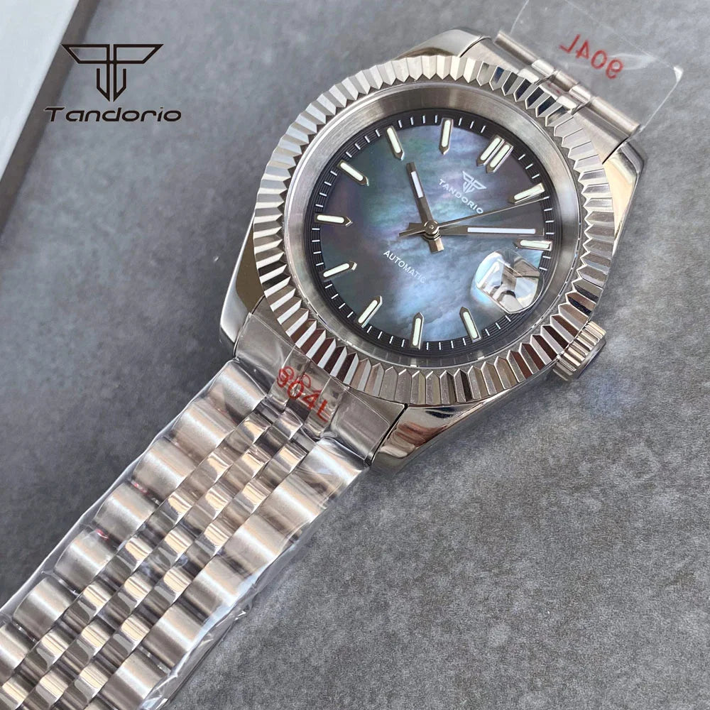 Tandorio 39mm Mechanical NH35 Mother of Pearl Dial Face Stainless Steel Automatic Watch Date Sapphire Men's Wristwatch Luminous