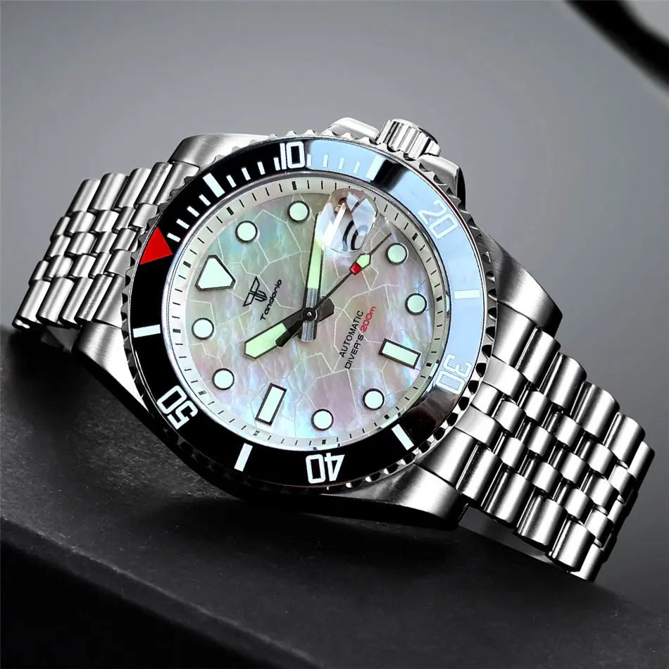 Tandorio 40mm Black White Mother of Pearl Dial Sapphire Glass NH35A Automatic Men Watch Date 20ATM Diver Roating Bezel Luminous