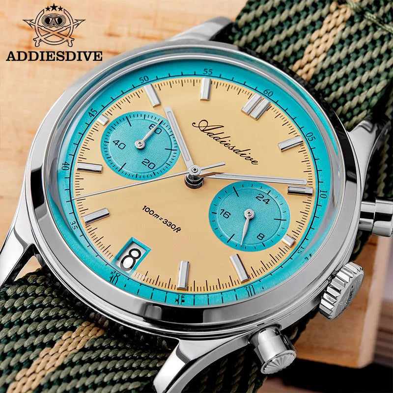 ADDIESDIVE Men's Quartz Chronograph Watch Luminous Bubble Glass 100m Waterproof Nylon Strap Watches For Man AD2095 Fashion Watch