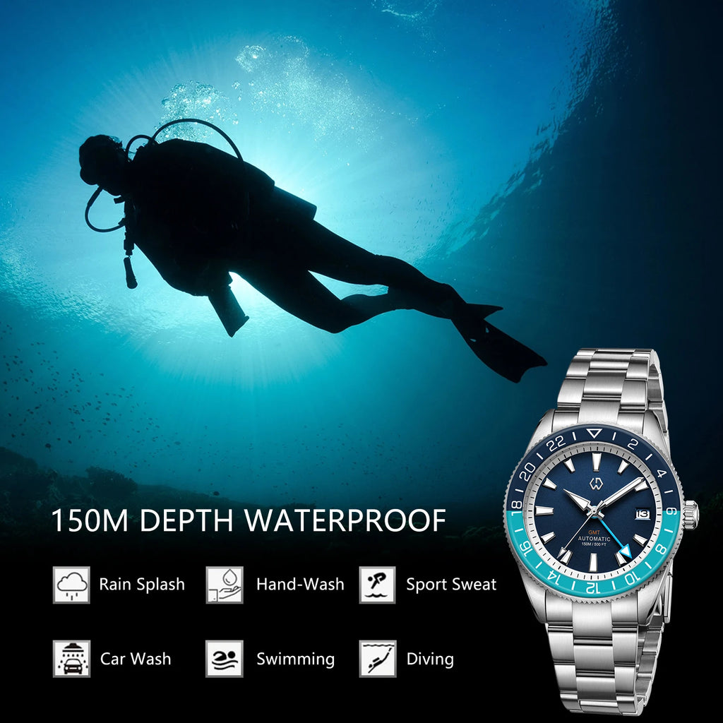 WISHDOIT 2025 New NH34 Men's Sports Automatic Mechanical GMT Sapphire Stainless Steel Waterproof 15 ATM With Rubber Strap