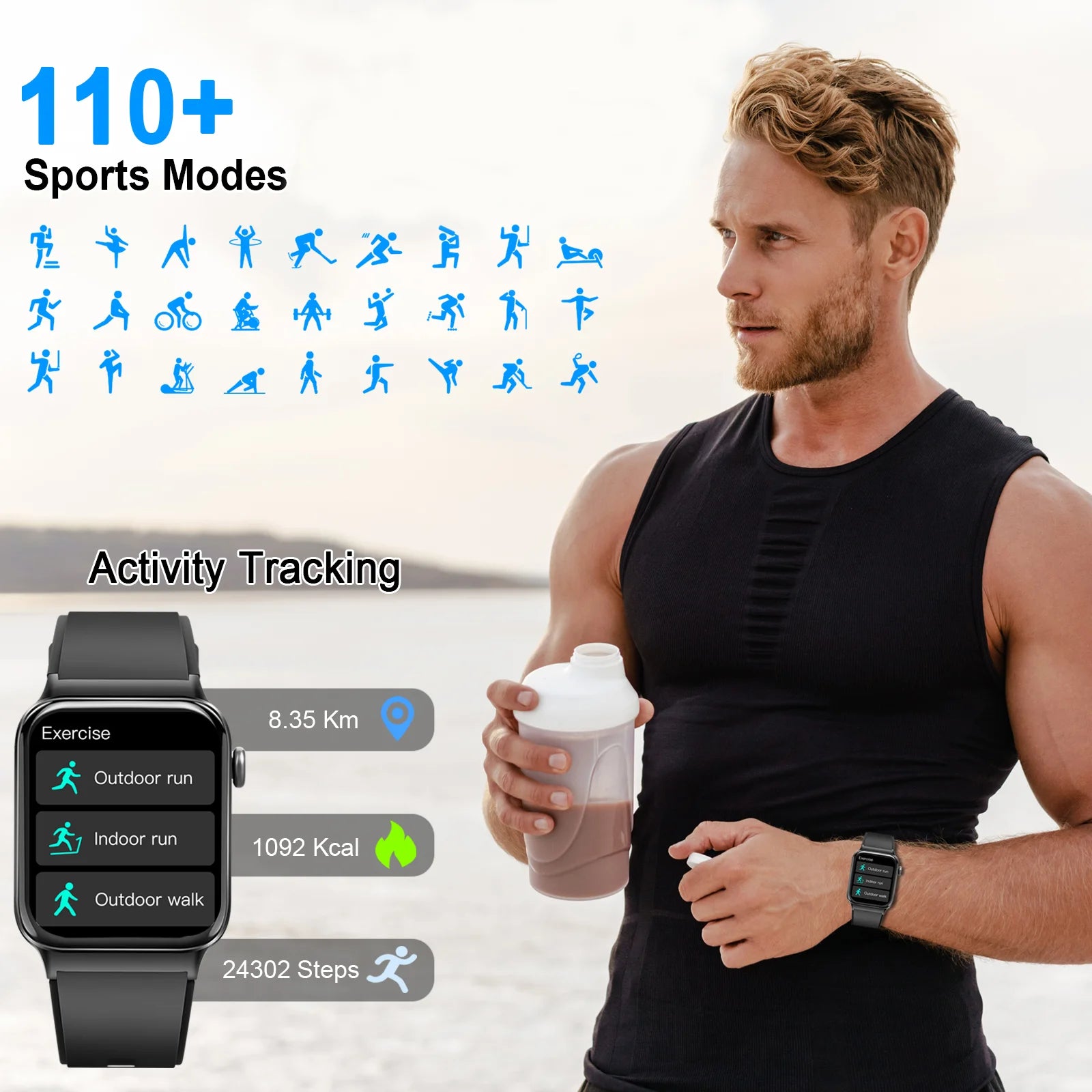 Smart Watch, 1.85" Smartwatch (Answer/Make Call), IP68 Waterproof Fitness Tracker, 100+ Sport Modes, Heart Rate and Sleep Monito