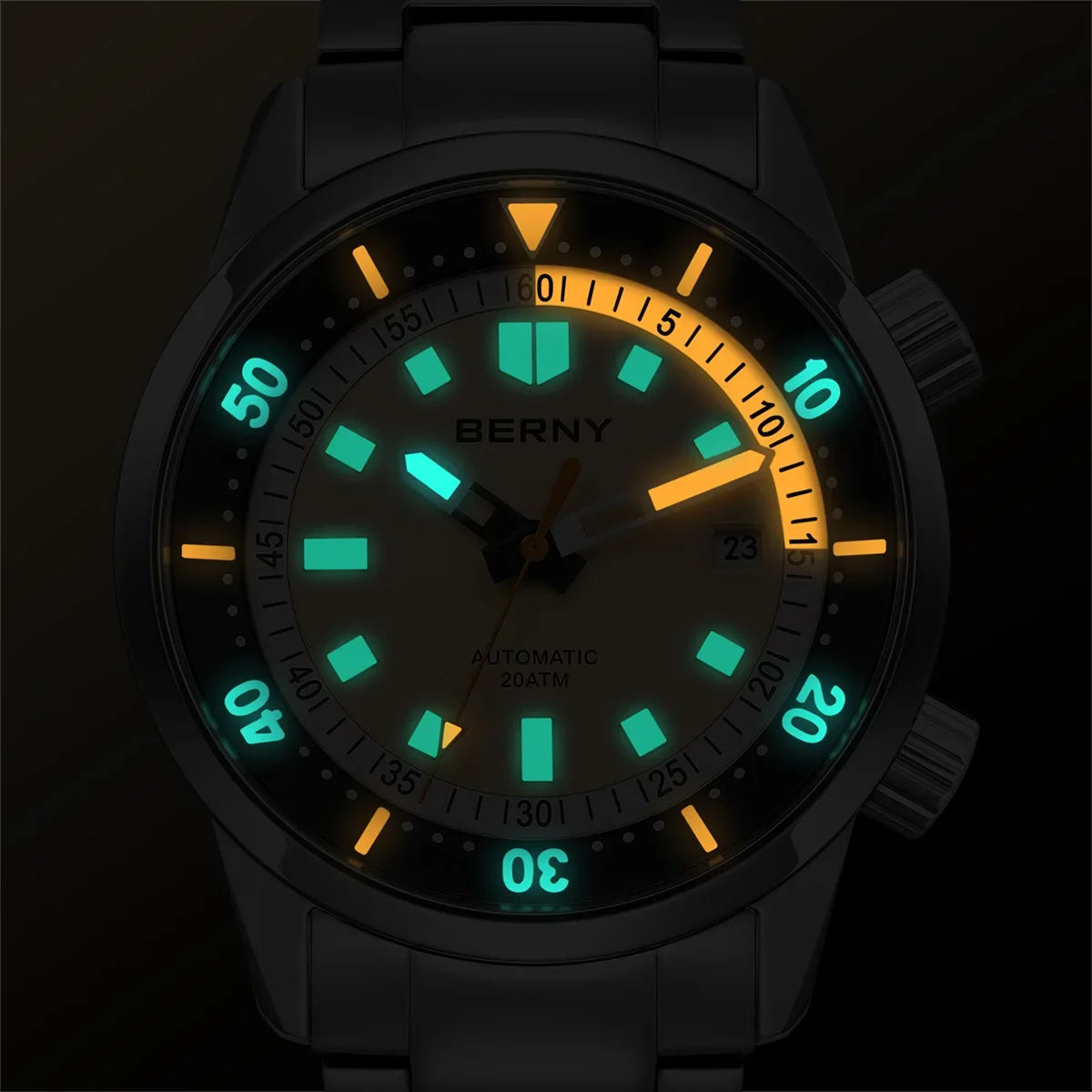 BERNY Automatic Diving Watches for Men 20AMT Super Luminous Mechanical Men's Diver Watch Sapphire Full Stainless Steel Dive