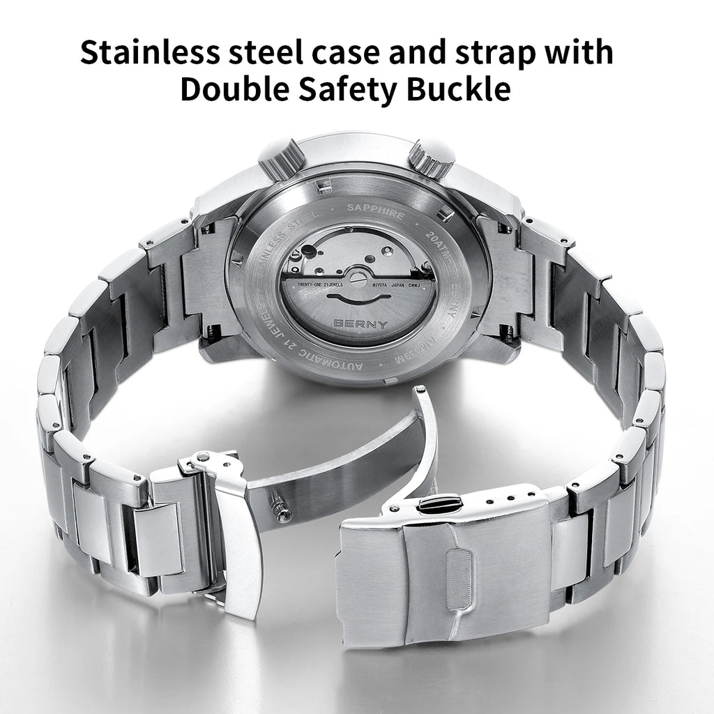 BERNY Automatic Diving Watches for Men 20AMT Super Luminous Mechanical Men's Diver Watch Sapphire Full Stainless Steel Dive