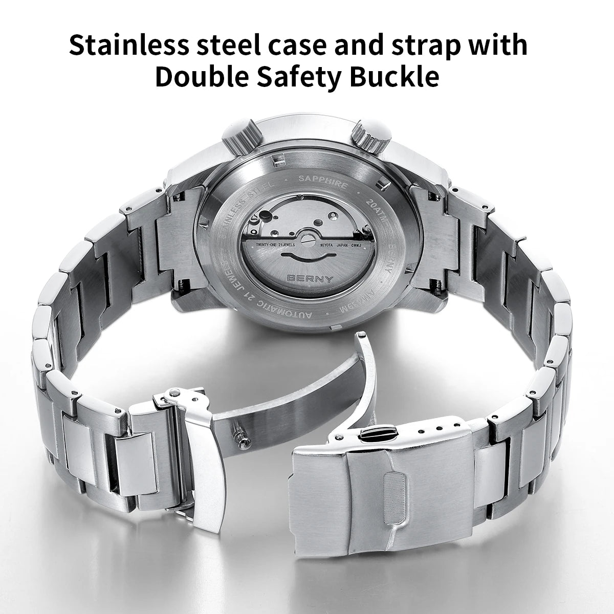 BERNY Automatic Diving Watches for Men 20AMT Super Luminous Mechanical Men's Diver Watch Sapphire Full Stainless Steel Dive