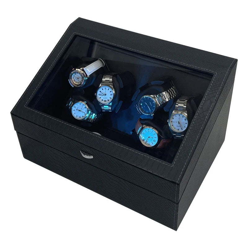 Leather Watch Winder Black 6-position Mechanical Watches Automatic Movement Winding Device Men Wrist Watch Storage Display Boxes