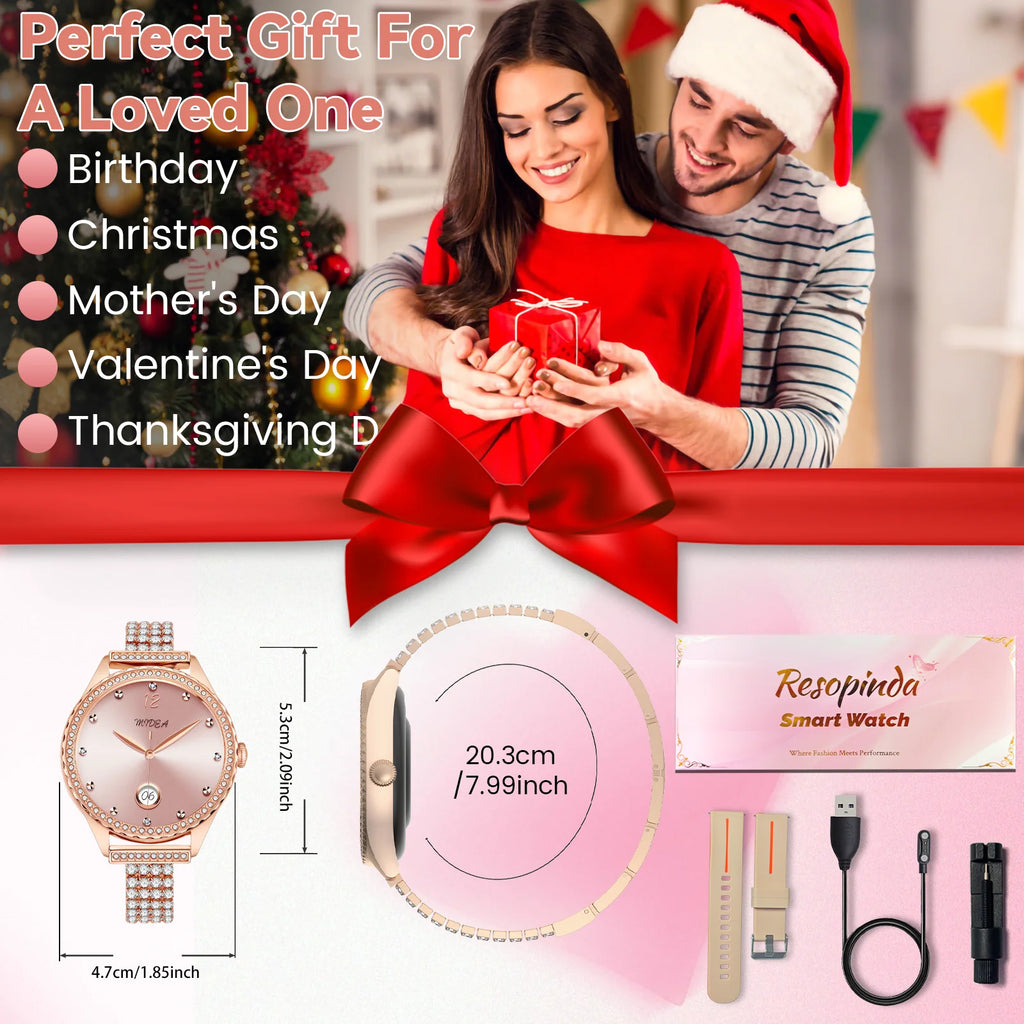 smartwatch for women supports wireless calls, over 100 sports modes and fitness tracking. It features music contr