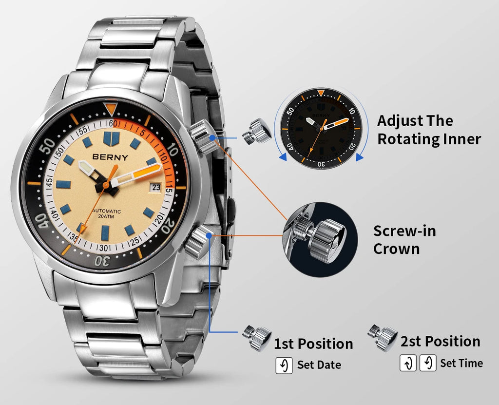 BERNY Automatic Diving Watches for Men 20AMT Super Luminous Mechanical Men's Diver Watch Sapphire Full Stainless Steel Dive
