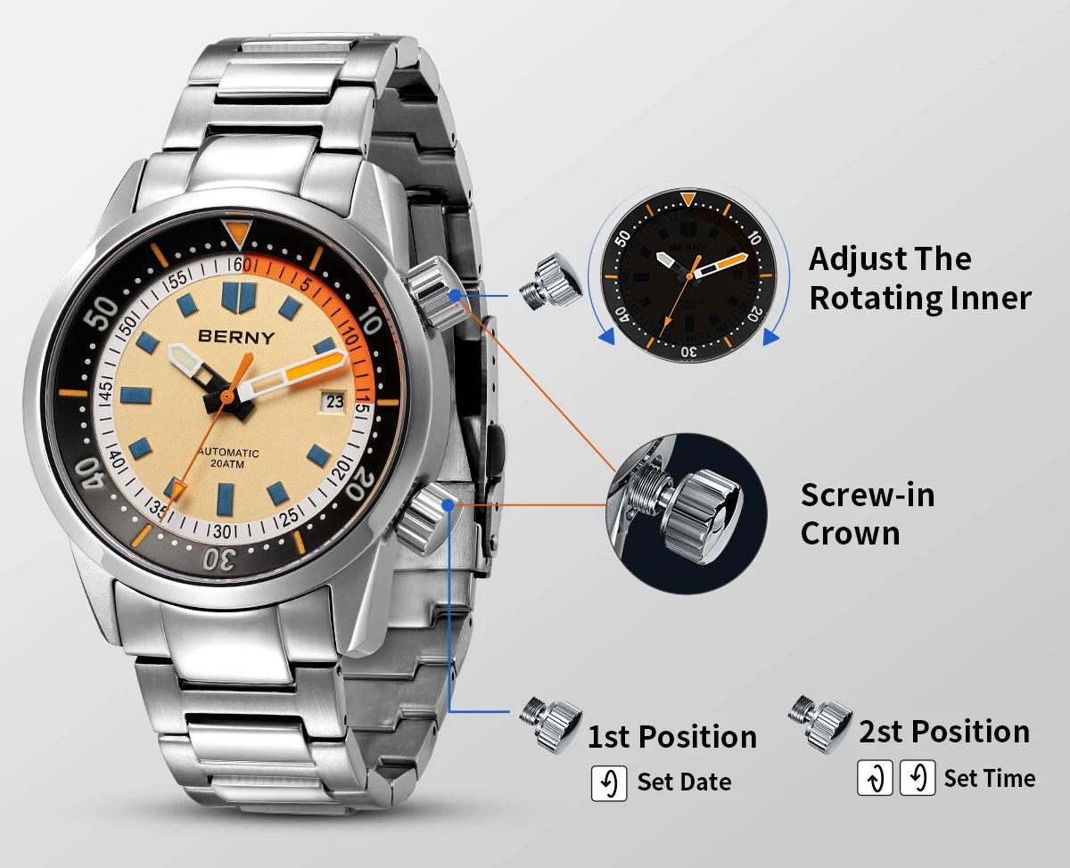 BERNY Automatic Diving Watches for Men 20AMT Super Luminous Mechanical Men's Diver Watch Sapphire Full Stainless Steel Dive
