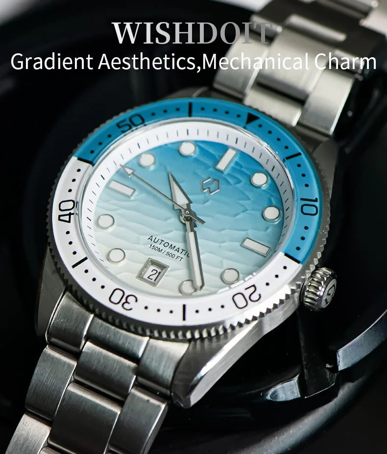 WISHDOIT Men's Automatic Dive Watch With Ocean Blue And White Ripple Dial 8215 Movement Sapphire Glass Mirror