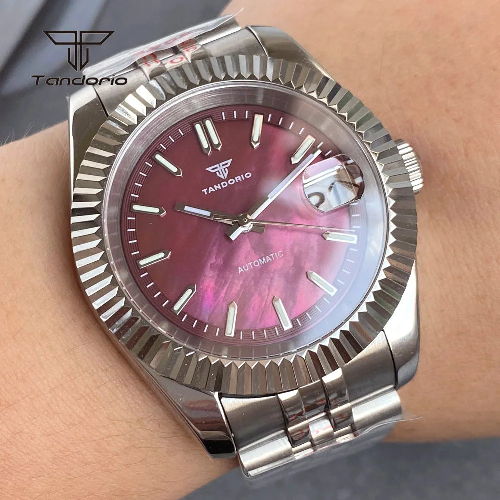 Tandorio 39mm Mechanical NH35 Mother of Pearl Dial Face Stainless Steel Automatic Watch Date Sapphire Men's Wristwatch Luminous
