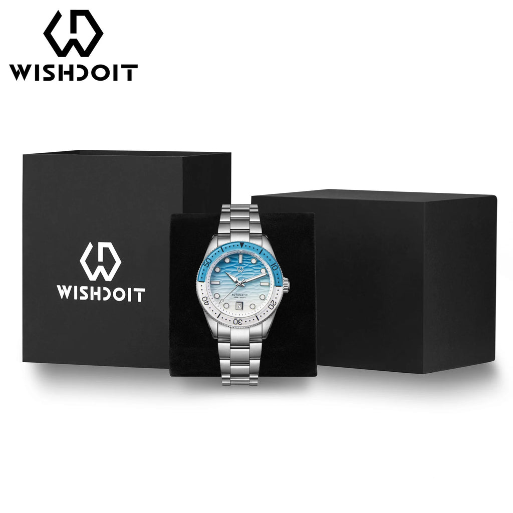 WISHDOIT Men's Automatic Dive Watch With Ocean Blue And White Ripple Dial 8215 Movement Sapphire Glass Mirror