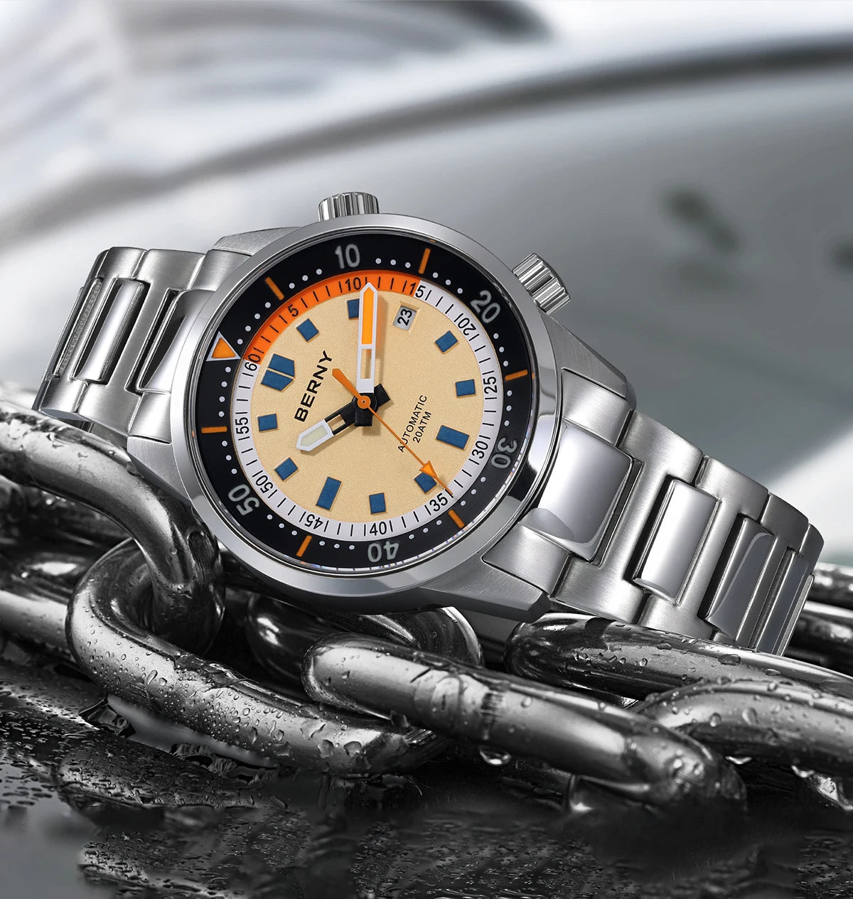 BERNY Automatic Diving Watches for Men 20AMT Super Luminous Mechanical Men's Diver Watch Sapphire Full Stainless Steel Dive