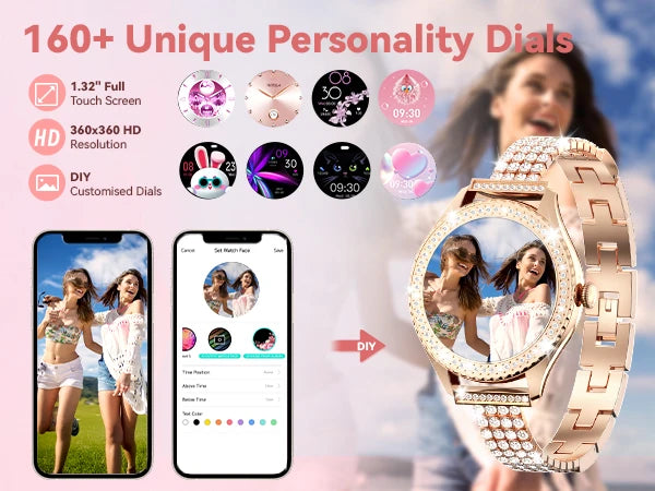 smartwatch for women supports wireless calls, over 100 sports modes and fitness tracking. It features music contr